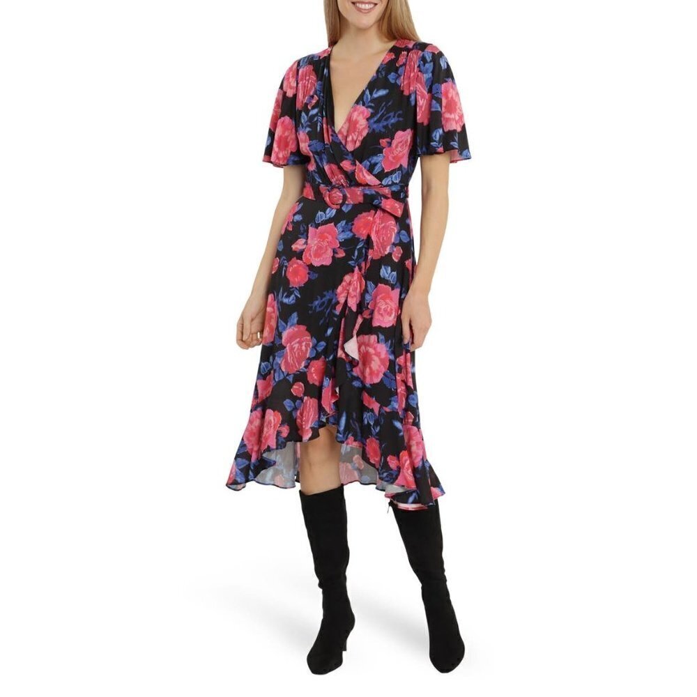 London Times Womens Black Floral Short Sleeve Faux Wrap Midi Dress Sz 10 New - Picture 1 of 6